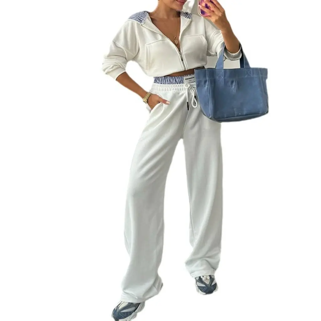 

Женский повседневный модный кардиган и брюки с капюшоном и высокой талией, осенний европейский и американский стиль