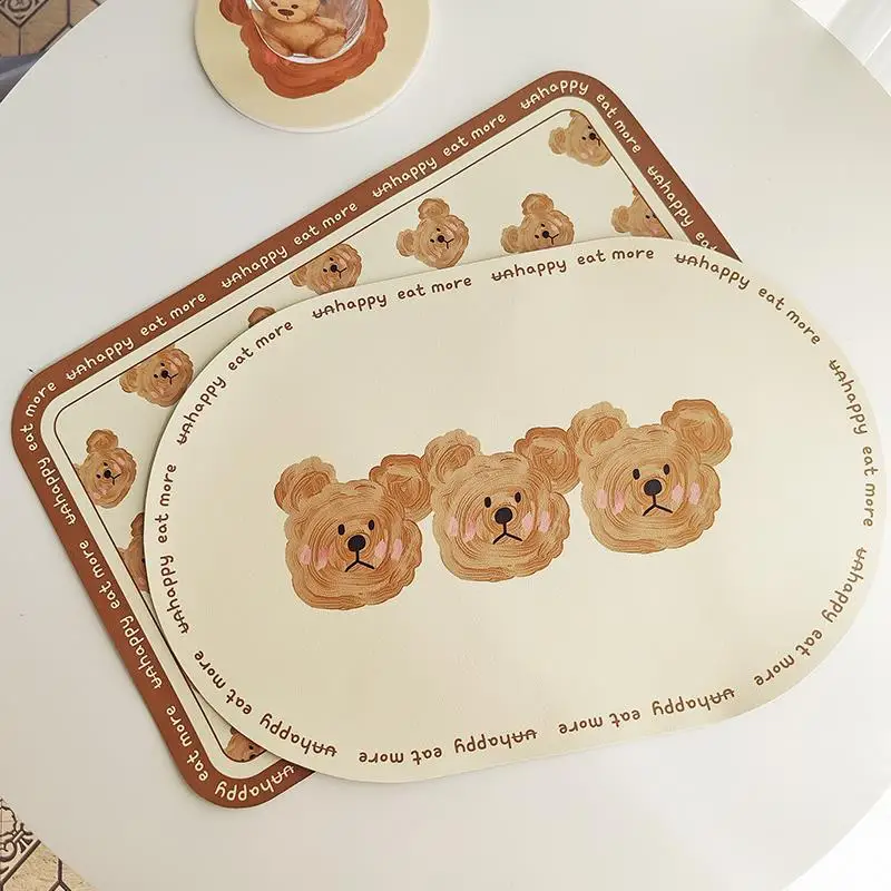 PU Leather Non-slip Placemat Cartoon Bear Food Table Mat Waterproof and Oil-proof Table Mat Insulation Placemats Home Decoration