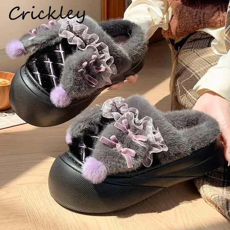Furry Bow Women Slippers Fashion Ruffles Plush Warm Female Home Shoes Winter Soft Bottom Woman Indoor Slippers