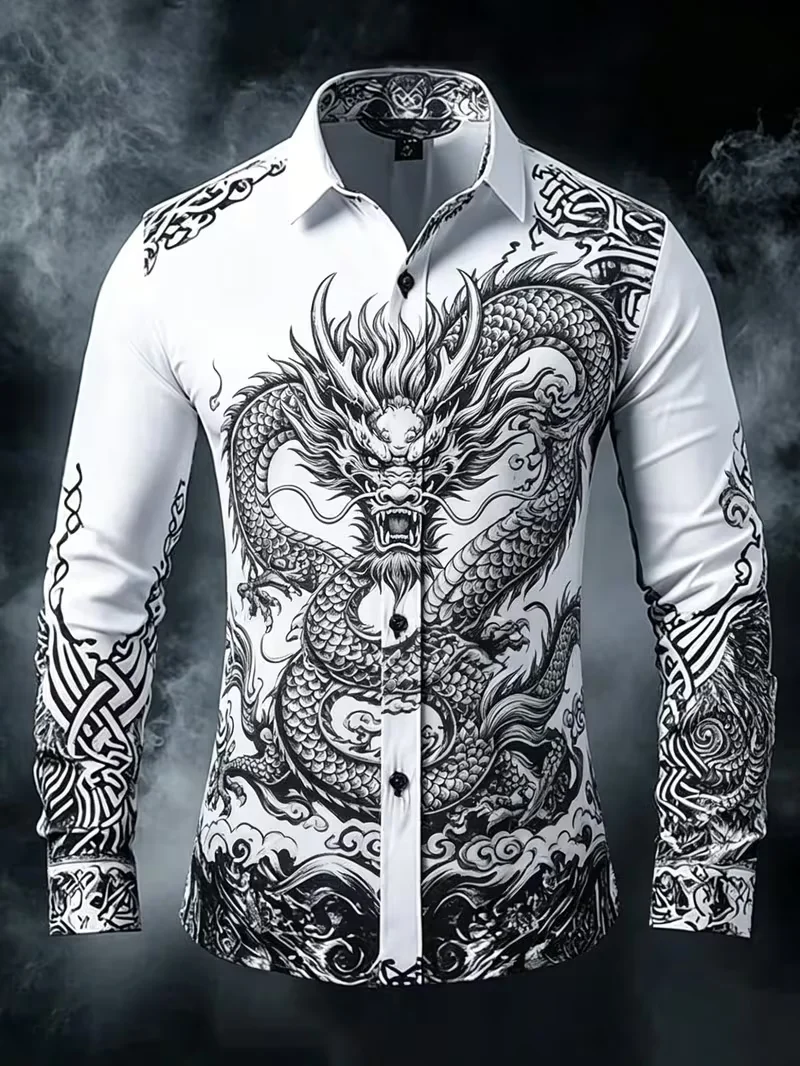 Fashion Men Traditional Chinese Dragon Tattoo Print Shirt White Base Long Sleeve Slim Club Streetwear Casual Blouse