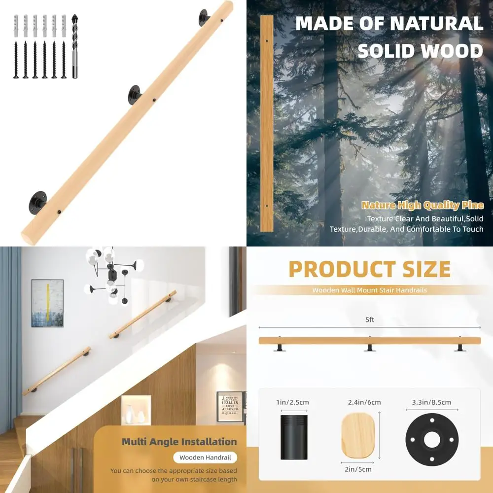 درابزين الدرج الداخلي والخارجي، درابزين خشبي غير قابل للانزلاق مثبت على الحائط بطول 5 أقدام لسلامة سلالم #1