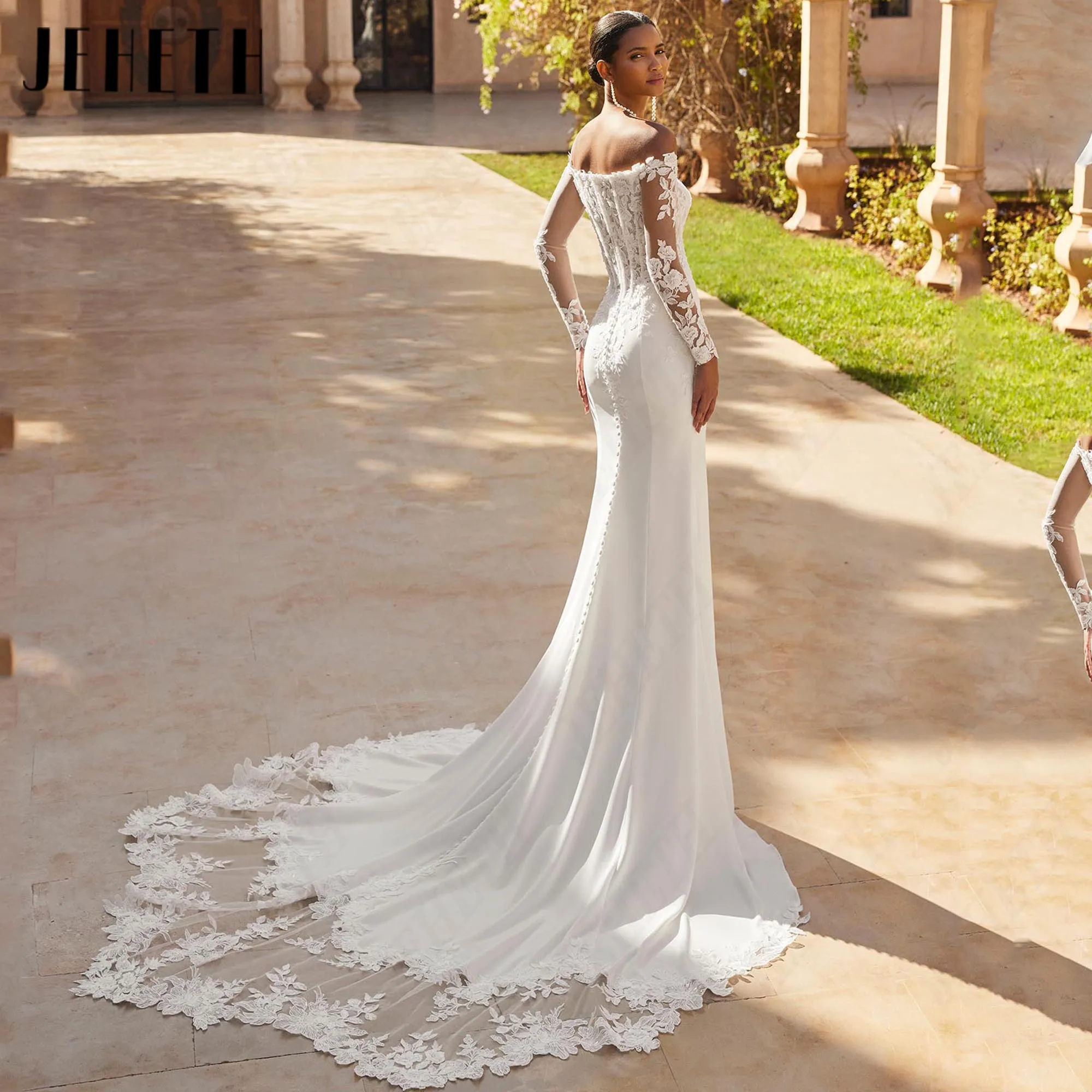JEHETH Ecquisite Boat Neck Soft Satin Wedding Dress Off The Shoulder Mermaid Bridal Bown With Jacket Court Train Bride Dresses