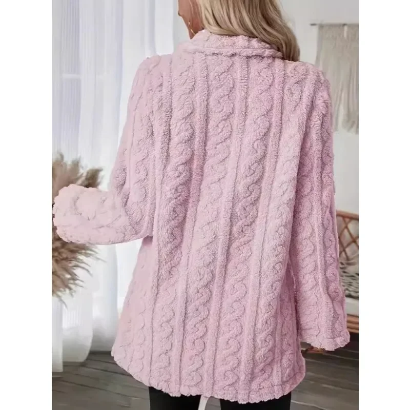 Outono inverno feminino elegante cor sólida fuzzy lapela casaco quente casual macio zíper jaqueta de pelúcia feminino fofo outwear