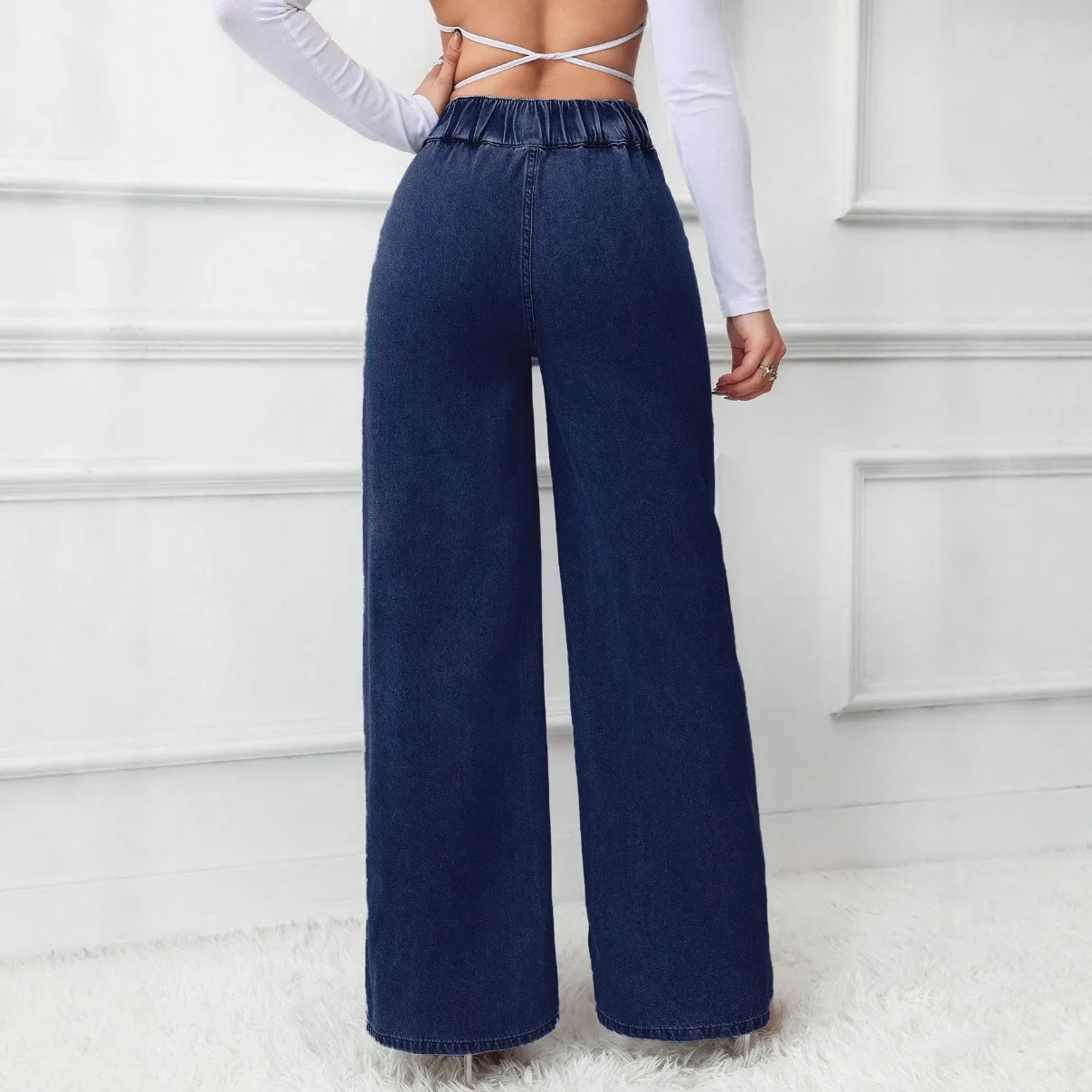 Women's Jeans Autumn And Winter High Waist Wide Leg Denim Trousers Women, Retro Dark Blue Unique Button Design