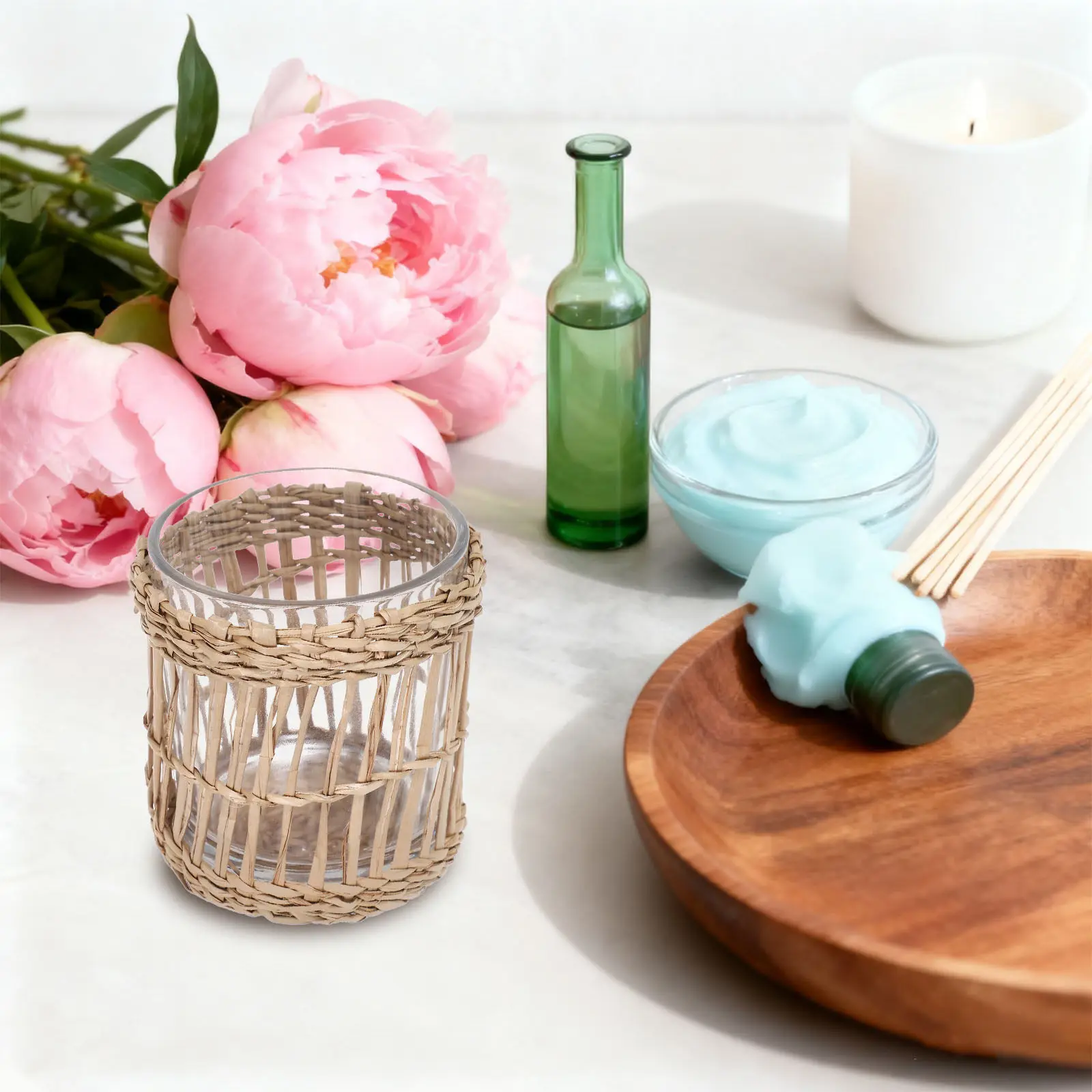 Glass Tea Light Holders Clear Candlestick Straw Woven Holder 7Cm Id Cup Dining Table Party Wedding Birthday Centerpiece view 4