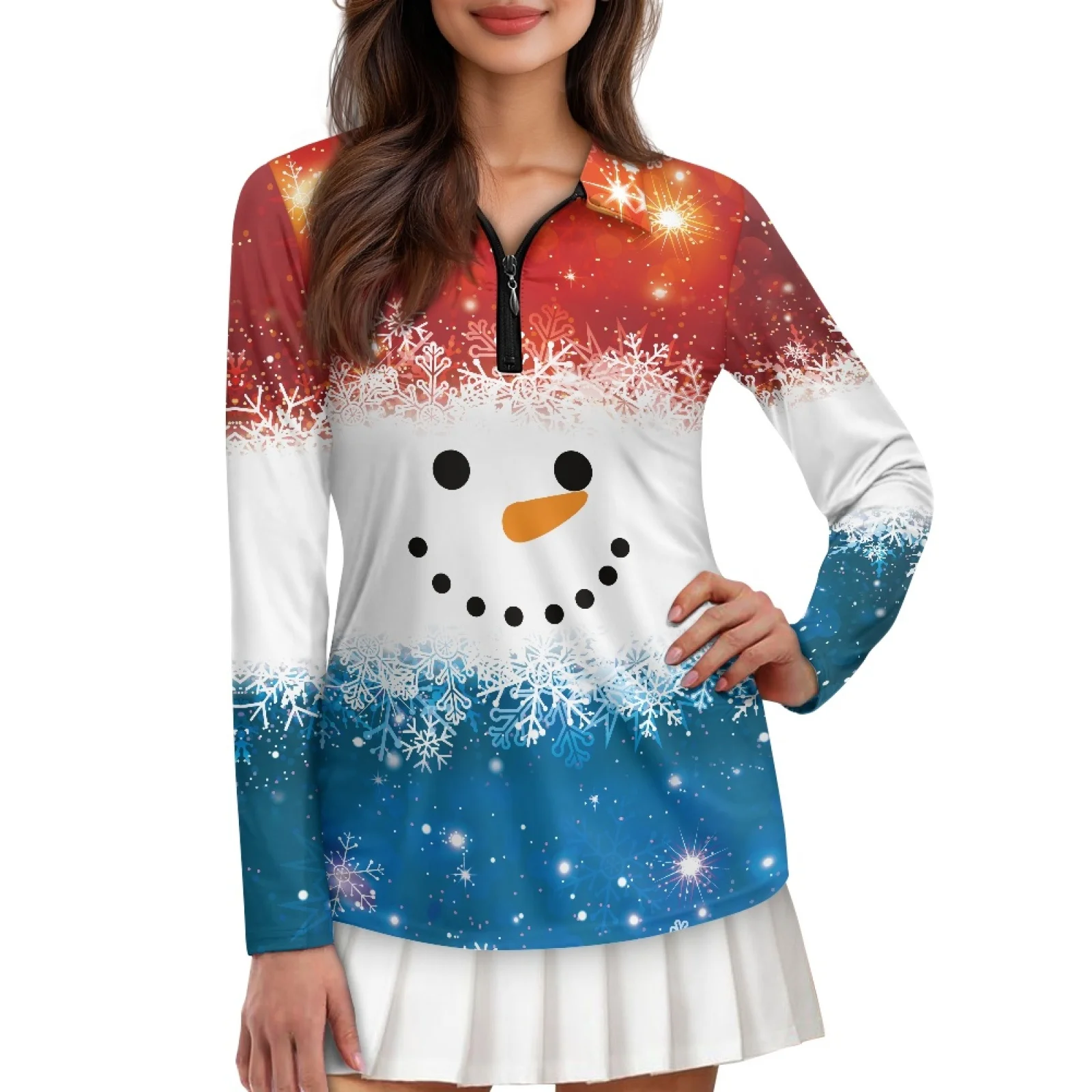 PENSTROLL Snowman Womens Long Sleeve Tennis Polo Tops Plus Size Golf Tops for Gym