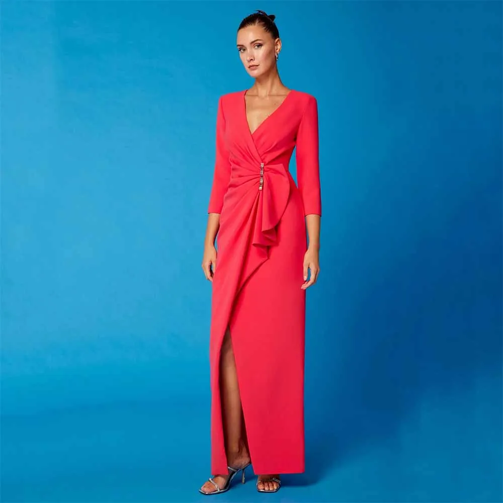 

Exquisite Mother of the Bride Dresses 2025 Crepe Fabric Sheath/Column Formal Evening Dress Rose Pink V-neck Pleat Prom Dresses