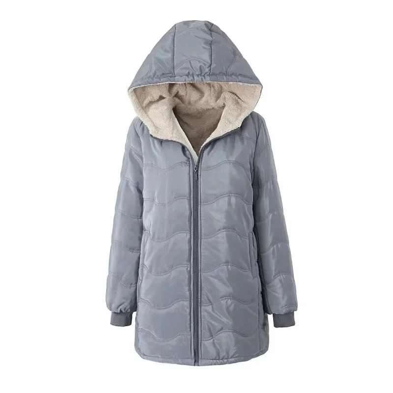 

autumn and winter women's geometric wave hooded lambskin thick warm cotton jacket, fashionable mid to long length cotton jacket