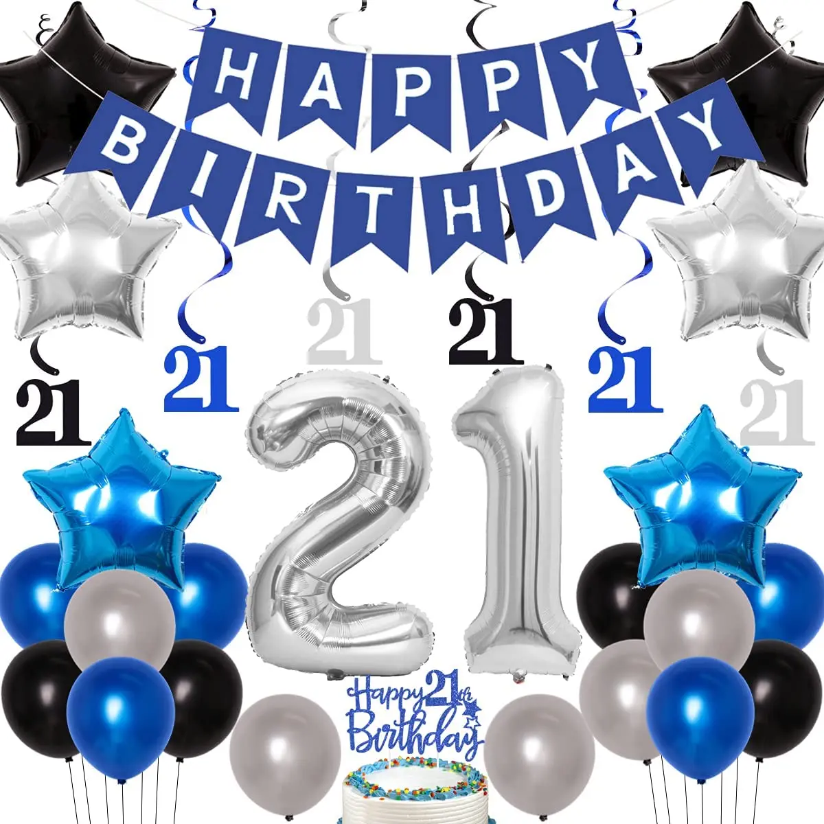 

Blue and Silver 21st Birthday Decorations for Boy Men 21st Birthday Party Supplies Number 21 Foil Balloons Happy Birthday Banner