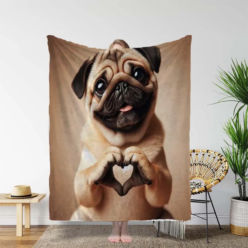 Contemporary Style Pug Dog Heart Gesture Flannel Fleece Throw Blanket Gift Blanket for Sofa, Couch Bed, Bed, Beach, Picnic