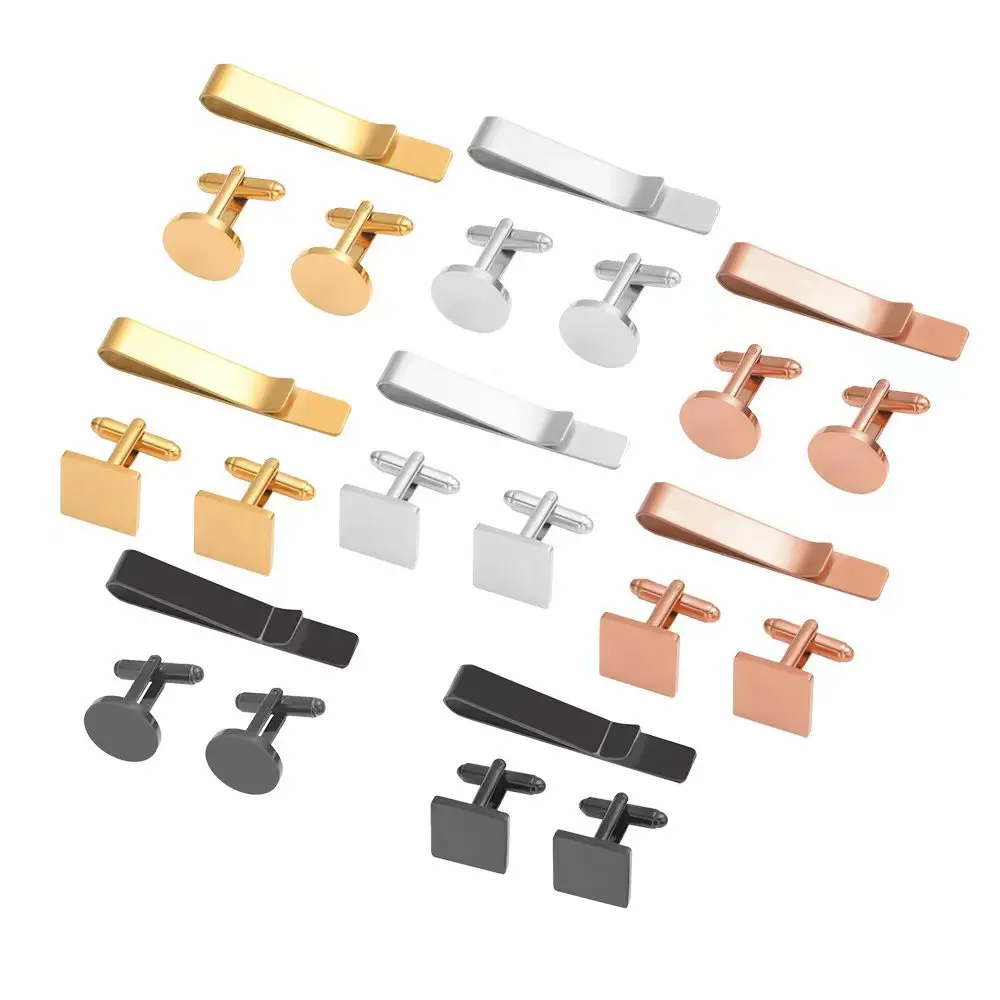 

High Quality Stainless Steel Mirror Polish Round Square Cufflinks and Tie Clip Set For DIY Jewelry Making Accessories