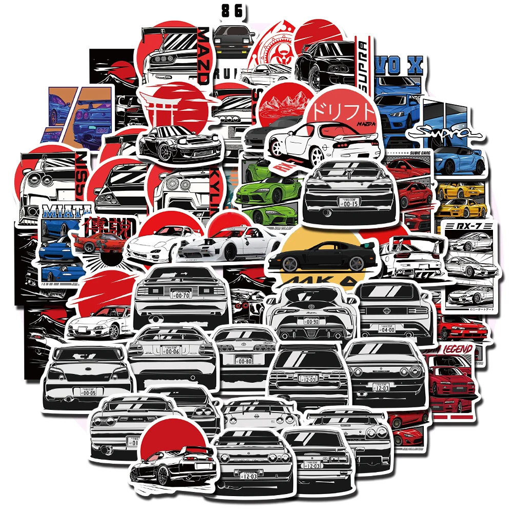 50pcs Racing Car Japan JDM Stickers for Motorcy Helmet Phone Case Luggage Notebook Waterproof DIY Laptop Decal