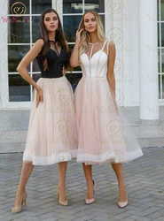 Tea Length Prom Dresses Pink Tulle Elegant A Line Simple Contrast Color Formal Party Evening Gowns Sleevelss Scoop Graduation