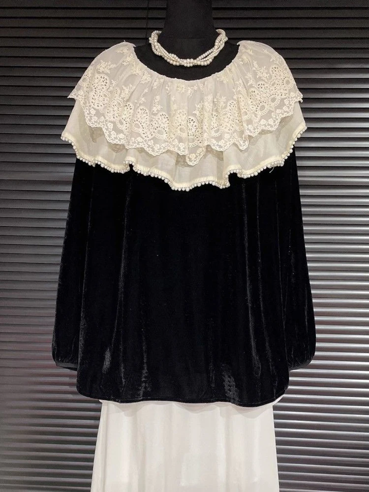 Loose and versatile lotus collar doll shirt 2024 autumn new Korean  contrasting lace velvet shirt top  blusa  tops mujer