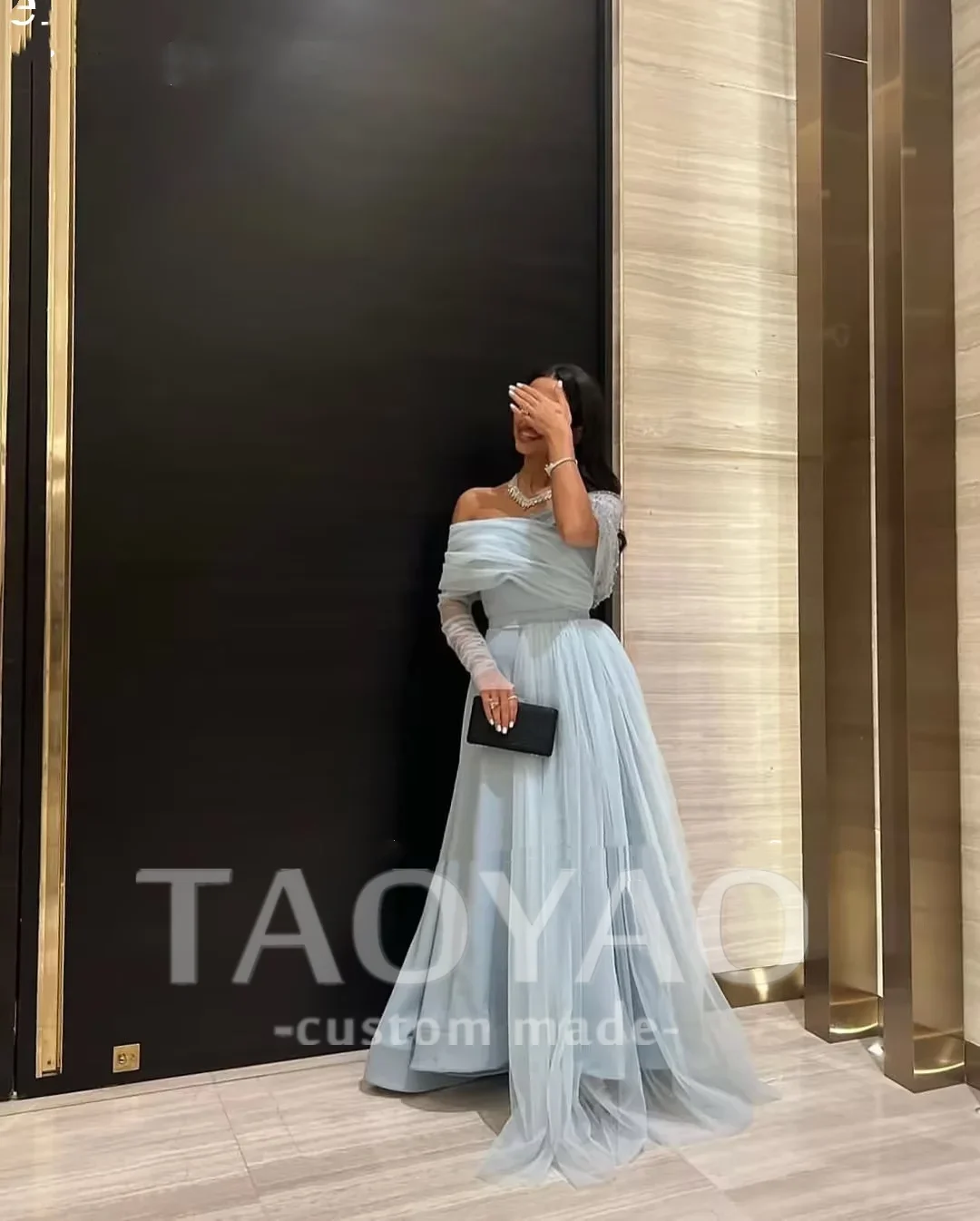 Sky Blue V-Neck Prom Gown One Shoulder A Line Tulle Evening Dress Formal 2025 Elegant Arabic Prom Dress For Women Customized
