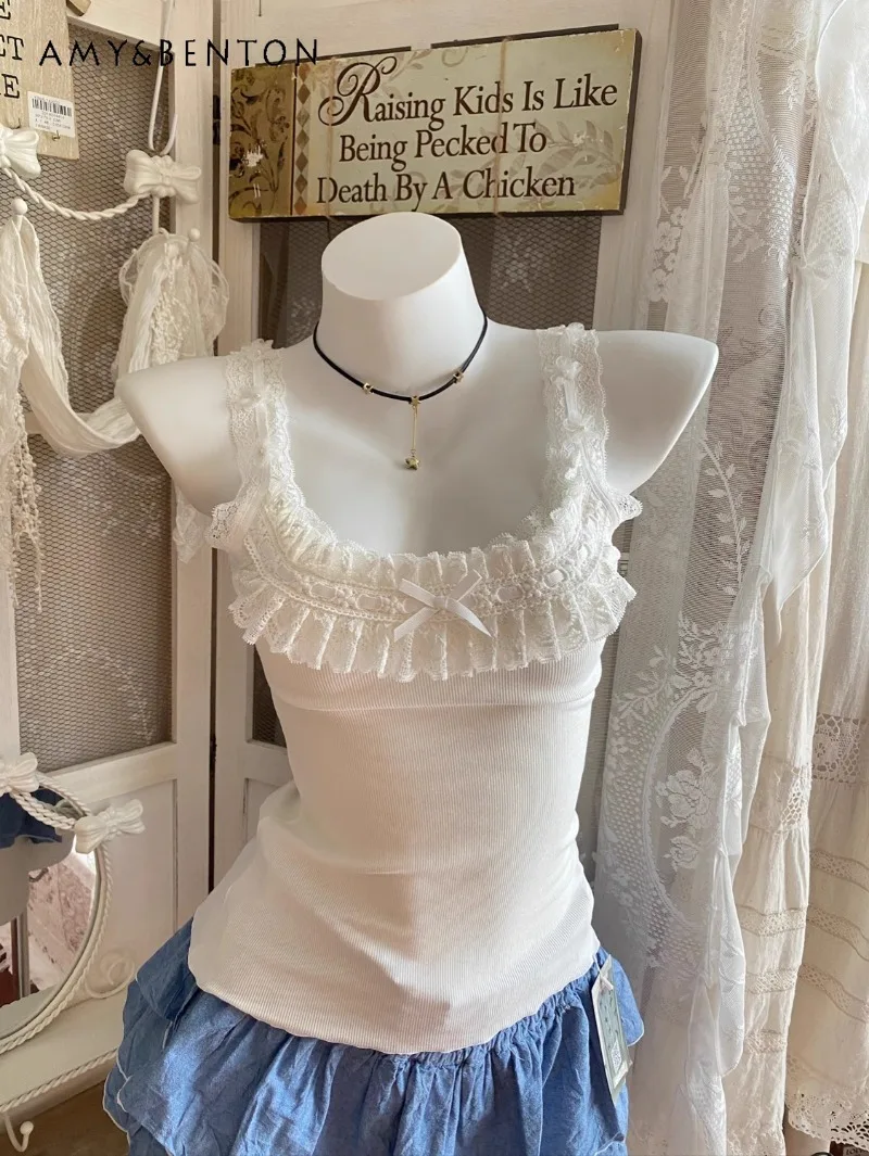 Graceful Vintage Heavy Industry Lace Inner Sling Sweet Cute Bow Slim Sexy Crop Top Women Japanese Style Kawaii Y2K Tank Top