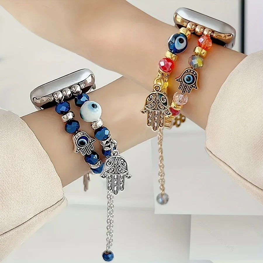 Vintage Ethnic Evil Eye Hand Beaded Band for Apple Watch Series 11 10 9 8 Ultra 2 SE Crystal Bead Watch Bracelet Strap 38‑49mm