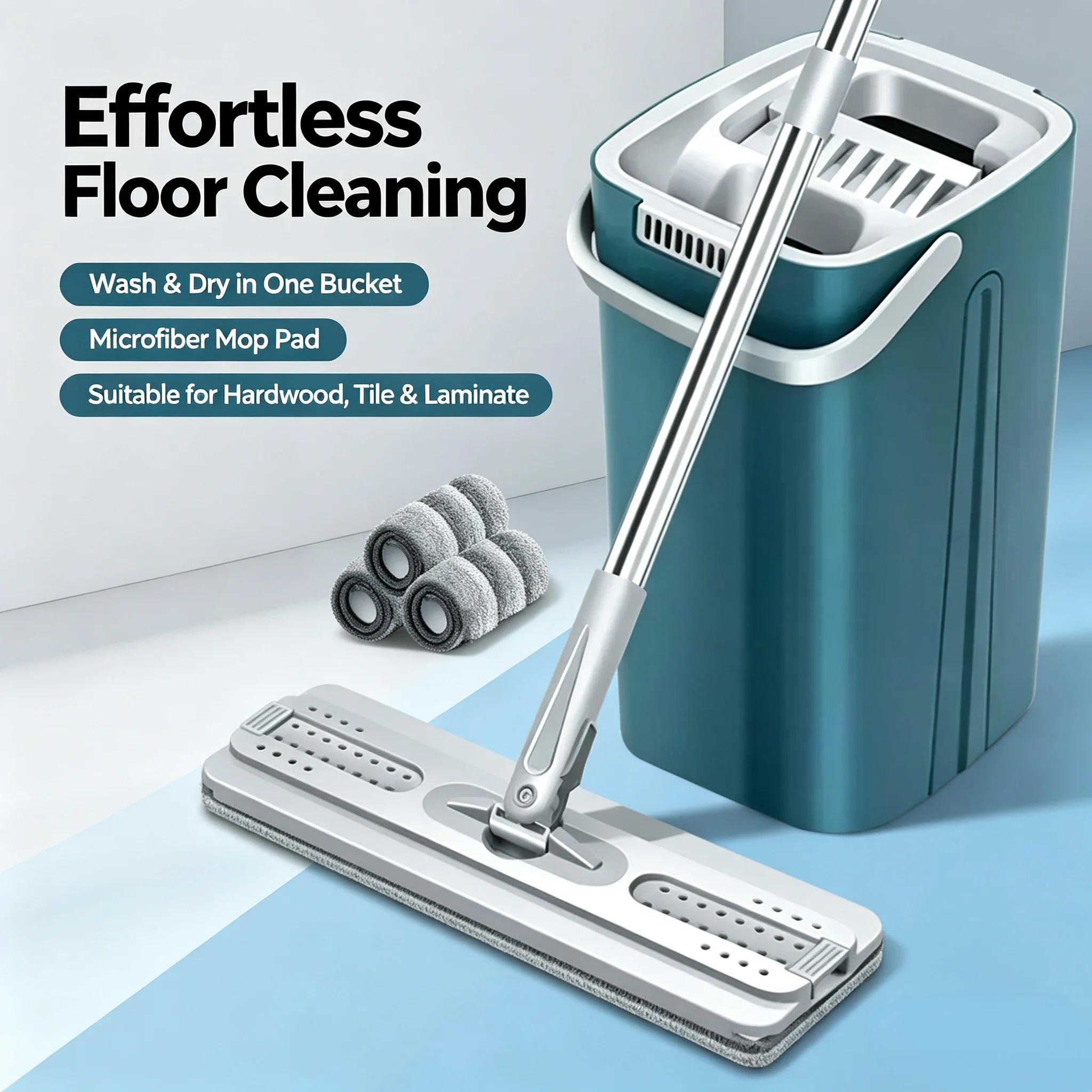 Flat Mop and Bucket Set Hands-Free Self Wringing Microfiber Pads 360° Rotation Wet Dry Floor Cleaner for Hardwood Tile Laminate