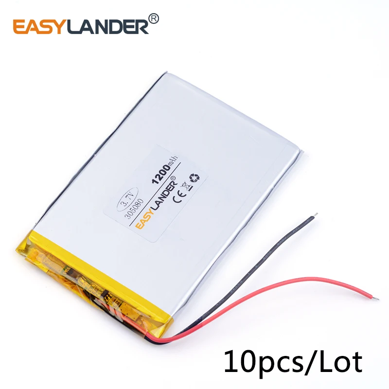 

10pcs /Lot 3.7v lithium Li ion polymer rechargeable battery 305080 1200mAh For MP5 GPS MP4 digital products general battery