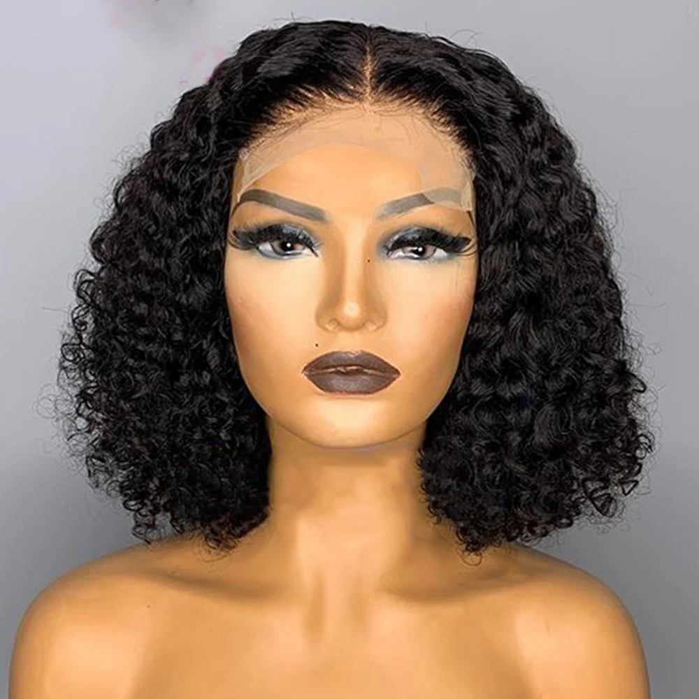 Bob corto Natural negro 180 densidad suave sin pegamento rizado profundo peluca con malla frontal para mujeres con pelo de bebé prearrancado diario