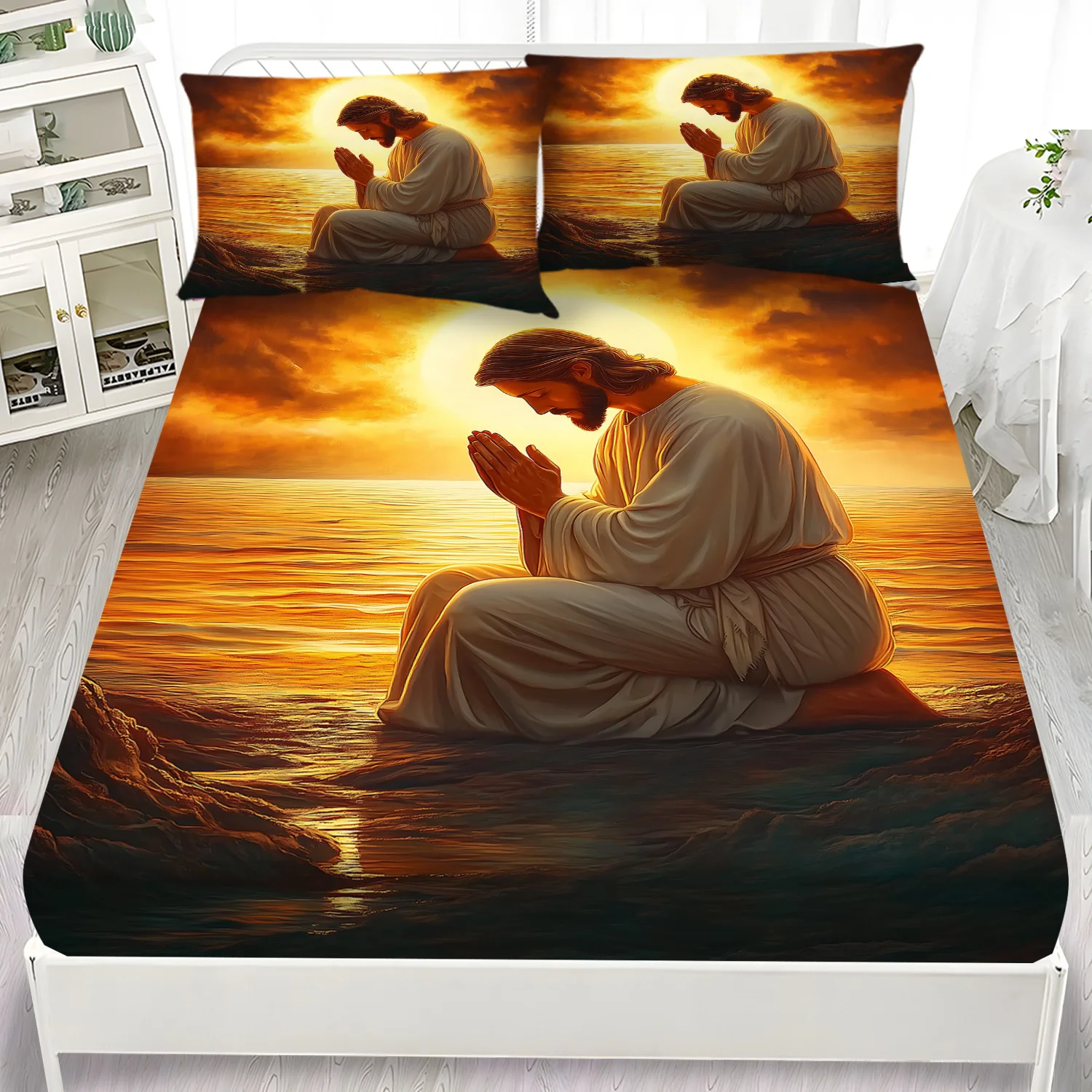 Latacaca 3pcs Jesus Kneeling in Prayer on the Seashore Pattern Fitted Sheet Set, 1 Fitted Sheet and 2 Pillowcases