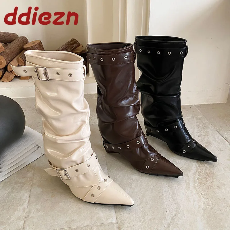 

Женские модные женские ботинки до середины икры с пряжкой и ремешком, обувь на низком каблуке, женские современные ботинки, женская обувь, зима-осень
