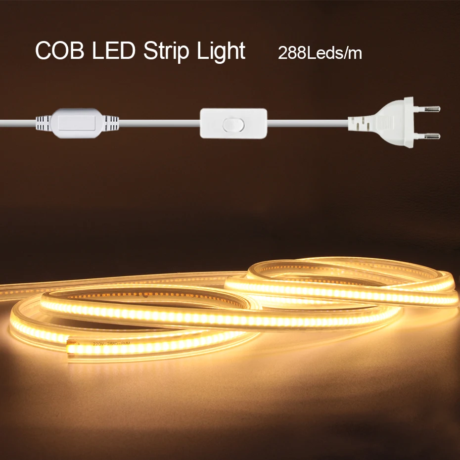 

Светодиодная неоновая лента COB, 220 В, 288 светодиодов/м, IP65, водонепроницаемая, 0,5–40 м, с вилкой включения/выключения ЕС/Австралии для внутреннего наружного освещения