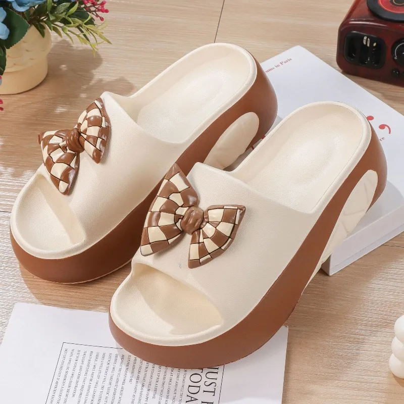 Fashion Bow Flip Flops Summer New Round Toe Colorblock Waterproof Lightweight Flat Sandals