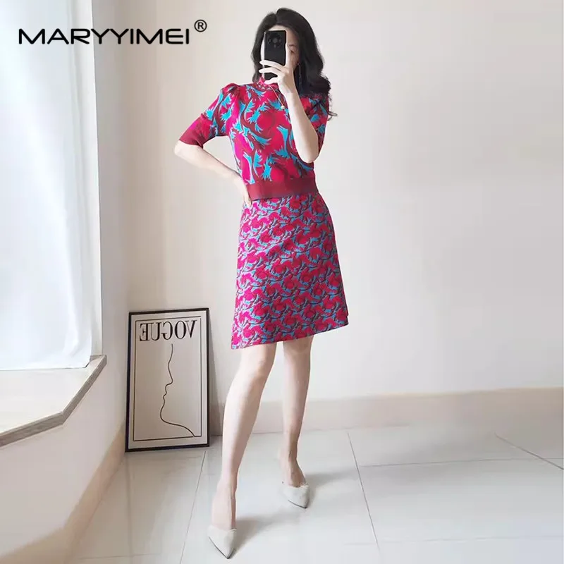 MARYYIMEI New Fashion Designer Women's 2024 Spring New Knitted Jacquard Short-Sleeved Short Top+A-Line Half Skirt 2-Piece Set