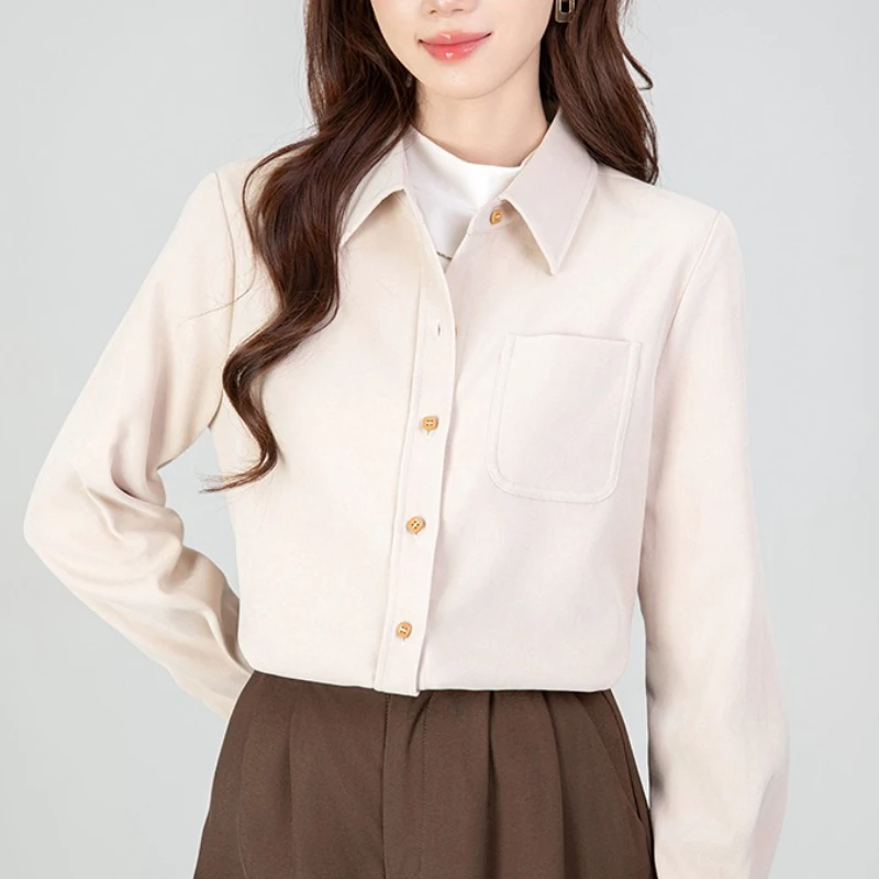 بلوزات نسائية سميكة عتيقة بجيب واحد للخريف والشتاء واحدة الصدر ملابس عمل مكتبية قمصان فضفاضة غير رسمية قطع علوية للسيدات جديد 2025