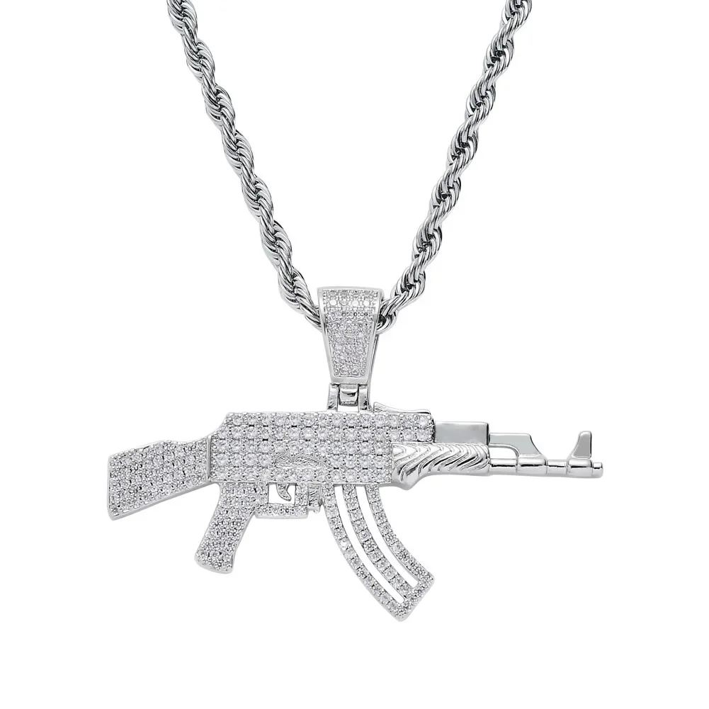 Hip-hop jewelry new AK47 automatic rifle gun-shaped 925 silver necklace personality men's jewelry5A+Zircon