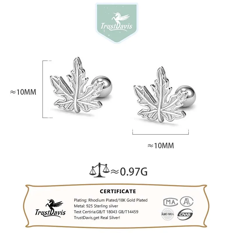 TrustDavis Real 925 Sterling Silver Minimalist Fashion Casual Leaves Plant Stud Earrings Women Wedding Party Fine Jewelry DS3963