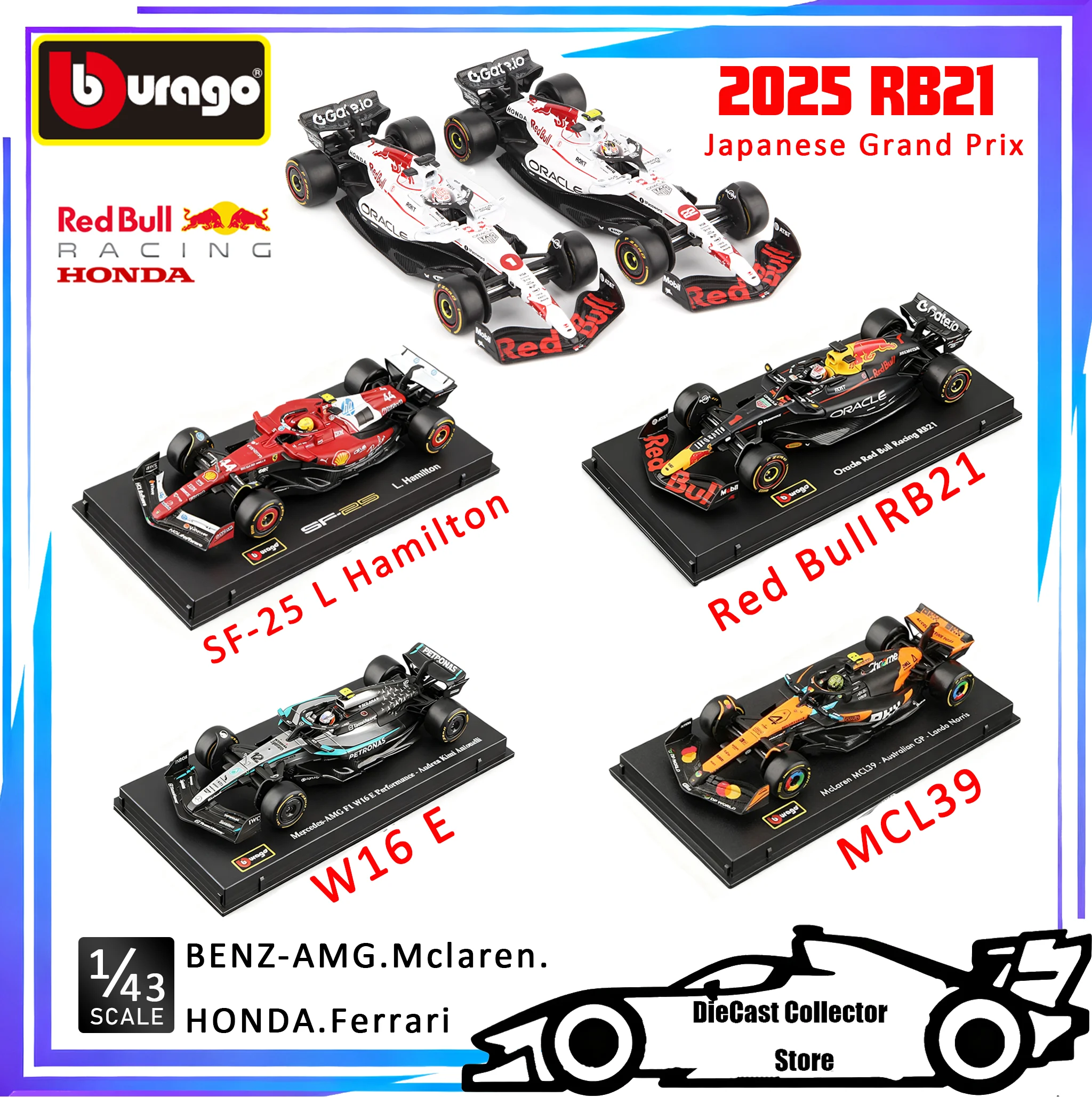 Bburago 1/43 2025 F1 الجائزة الكبرى اليابانية ريد بول RB21 ماكس Verstappen SF25 MCL39 W16E نموذج سيارة مصنوع من خليط معدني هدية للأطفال