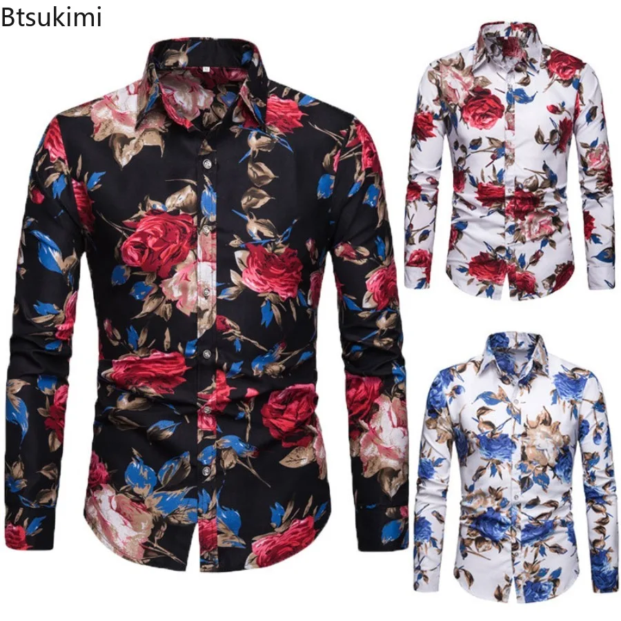 

Мужские повседневные рубашки с цветочным принтом 2026: роскошные корейские рубашки с принтом роз, модные уличные рубашки с отложным воротником для мужчин на весну-осень, для вечеринок