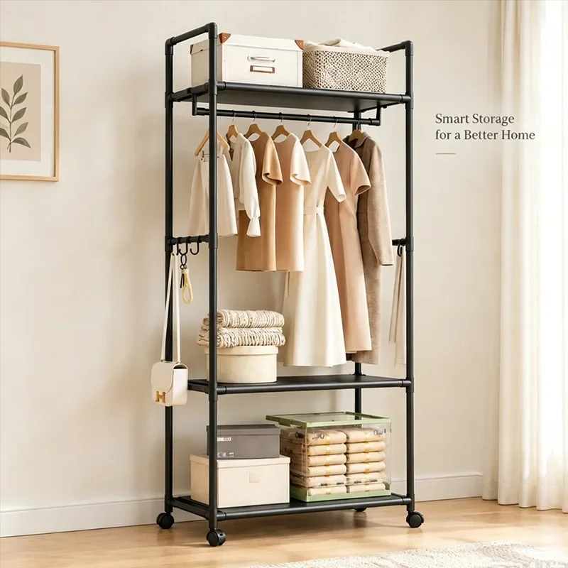 Multi Tier Garment Rack Heavy Duty Clothes Stand with Wheels Hanging Rod Shelves Hooks for Living Room Bedroom Home Storage