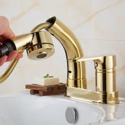 1PC Brass Gold/Silver/Black Double-Hole Pull-Out Basin Faucet With Hot and Cold Banheiro Torneira Water Tap