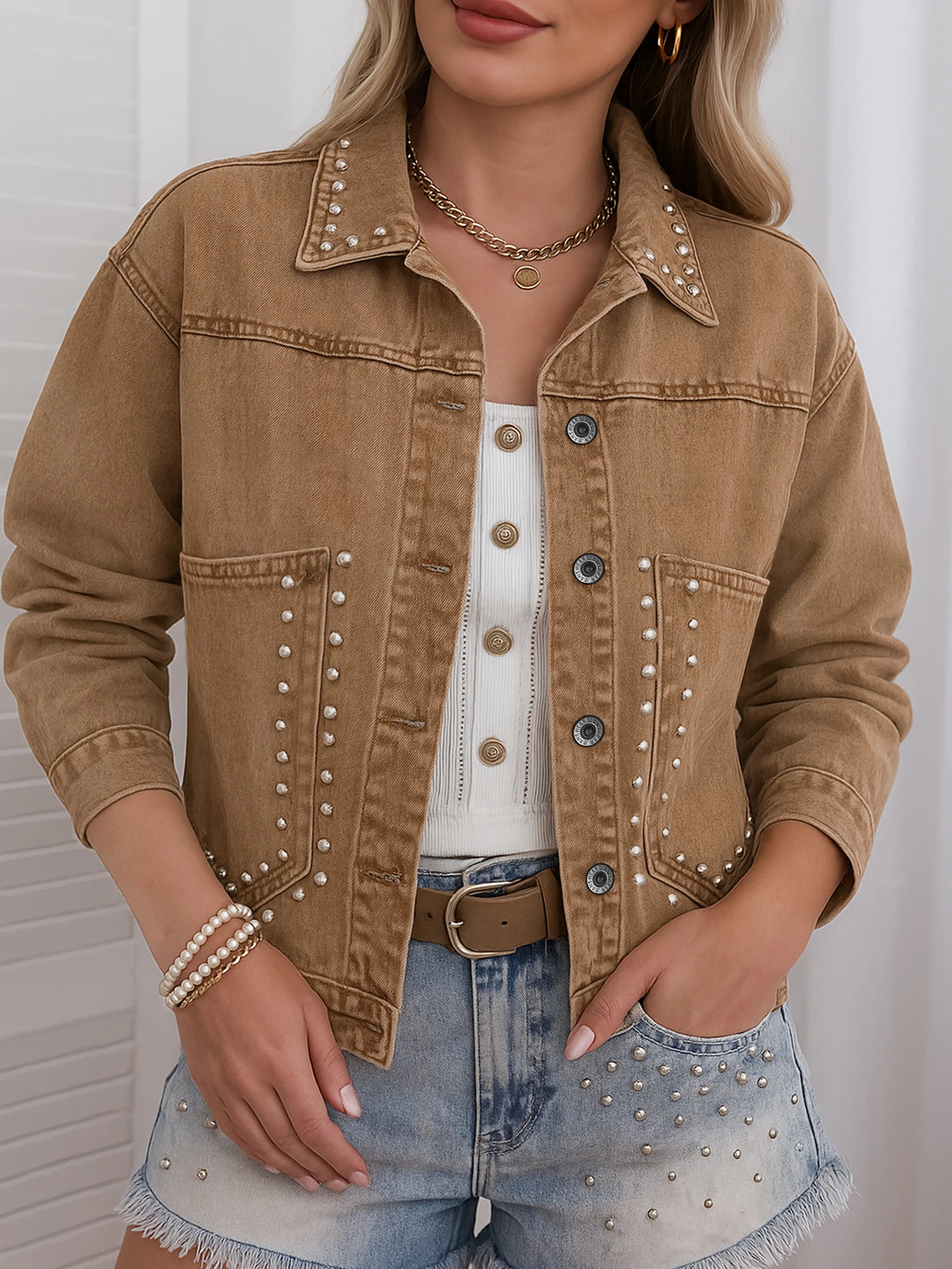 

Женская свободная джинсовая куртка больших размеров, винтажная модная потертая женская джинсовая куртка большого размера с жемчугом