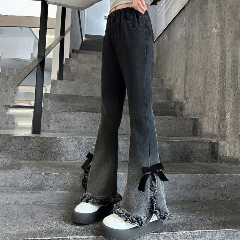 Girls' Fleece-Lined Denim Bell-Bottom Pants 2025 Autumn Winter New Thickened Stylish Bow Lace Trim Long Pants