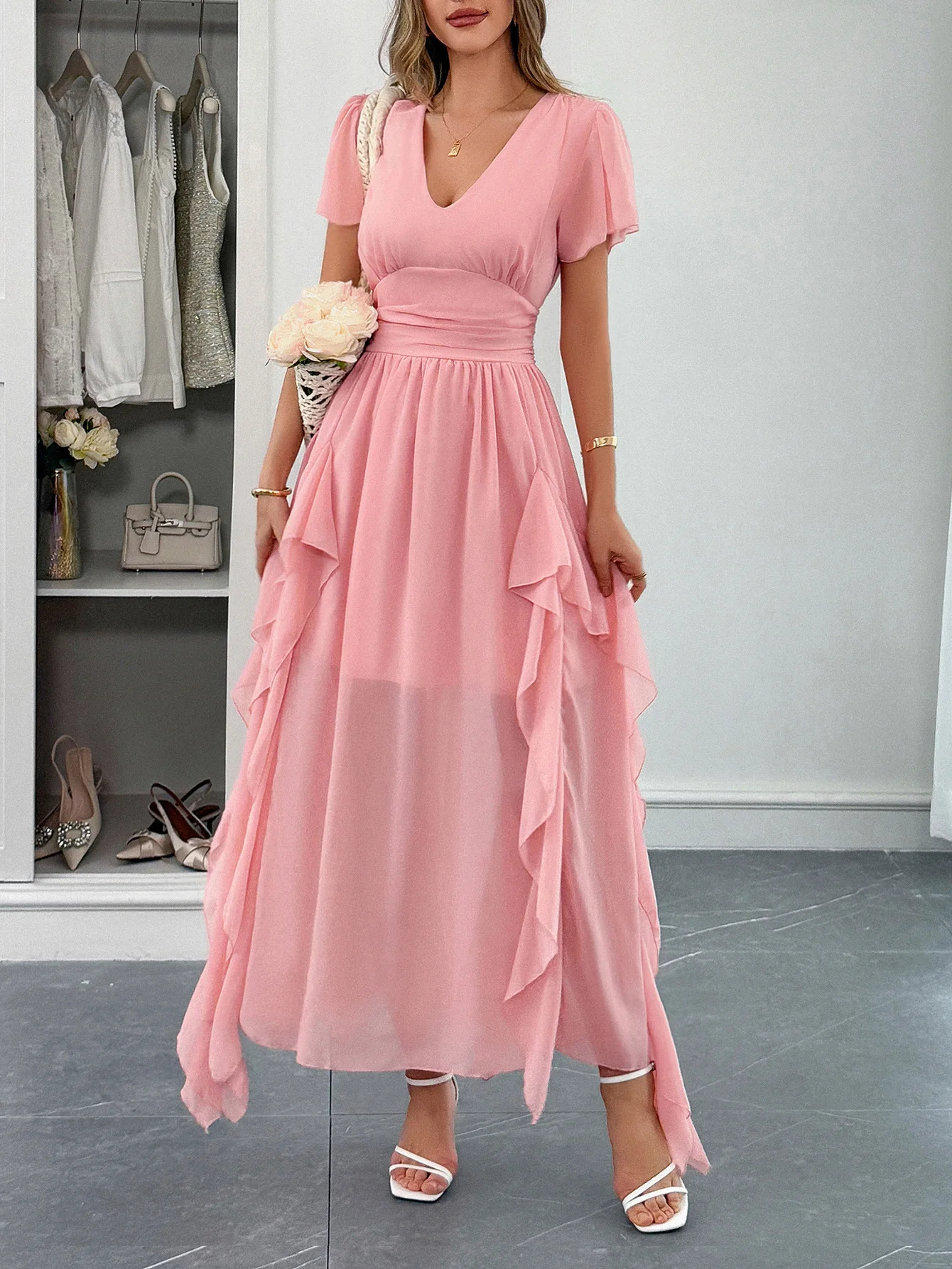 

Womens Pink Chiffon V Neck Flutter Sleeve Waist Cinched Ruffle Maxi Dress Elegant Beach Party Bridesmaid Wedding Guest Wear