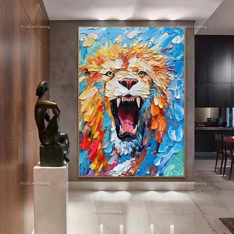 Handmade Blue Abstract Animal Canvas Wall Art Modern Coloful Ferocious Lion Thick Oil Painting New Design For Living Room  Decor