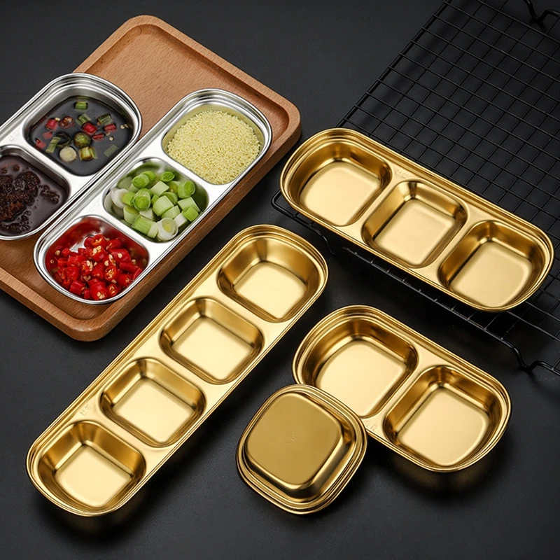 Korean Style Seasoning Dish Gold Silver Color Stainless Steel Barbecue Sauce Dish Plate Soy Sauce Dish Square Snack Plate