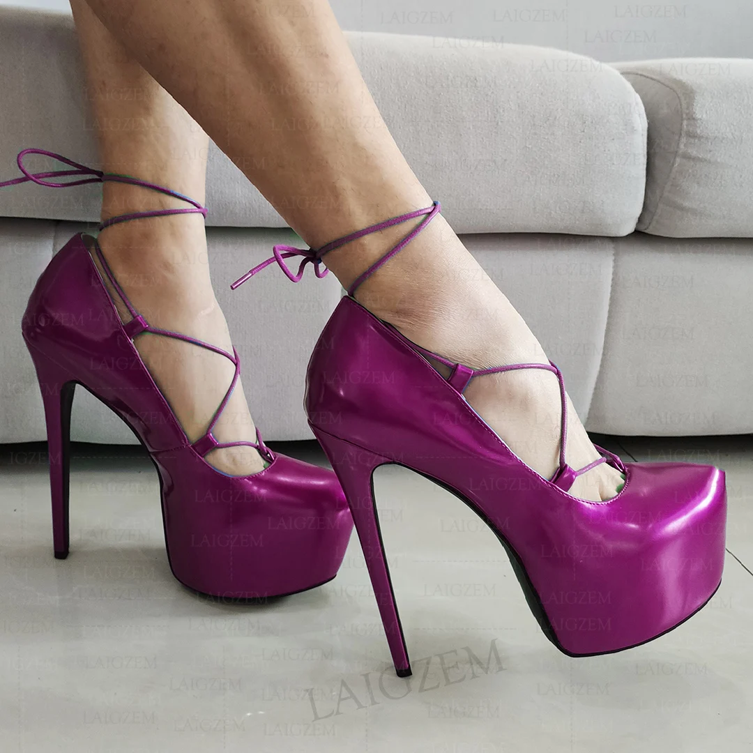 

Женские блестящие туфли-лодочки ZHIMA на платформе со шнуровкой и круглым носком, сандалии на шпильке, женская обувь, женские босоножки больших размеров 39, 41, 45, 52