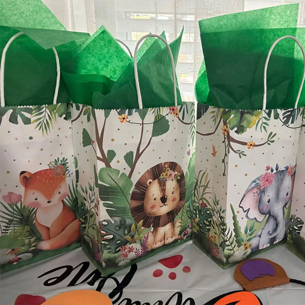 10/20/40/60pcs Jungle Animal Bags Cartoon Lion Zebra Tiger Giraffe Fox Hippopotamus Pattern Gift Bag Kids Birthday Party Decor