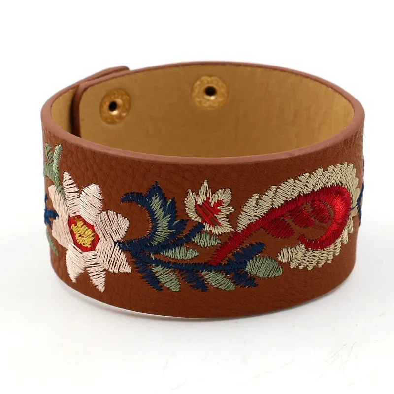 Kirykle Fashion Embroidery Flower Bracelet for Women Personality Wide Leather Bangles Punk Style Charm Bohemian Cuff Jewelry