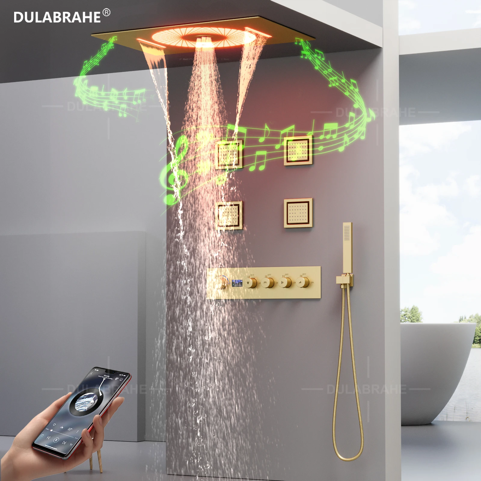 Ceiling Embedded 600*400mm Music LED Waterfall&Bubble Shower Head NEW Cold and Hot Digital Display Shower Faucet Set