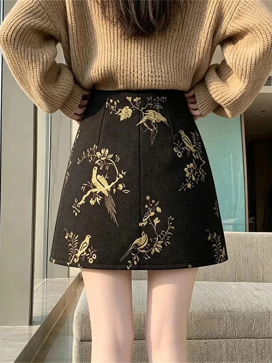 Vintage Chinese Style High Waist Embroidered Magpie Jacquard Pencil Skirt for Women Elegant Commuter Mini Skirt