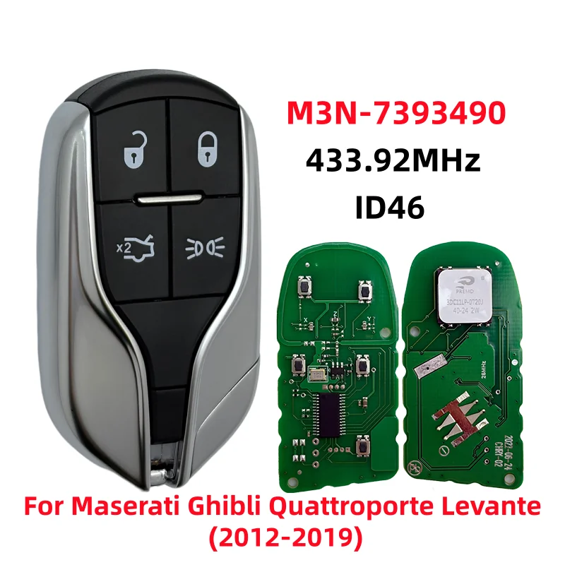 

FCC: M3N-7393490 433.92MHz ID46 PCF7945A PCF7953A Chip Remote Key For Maserati Ghibli Quattroporte Levante (2012-2019) 4 Button