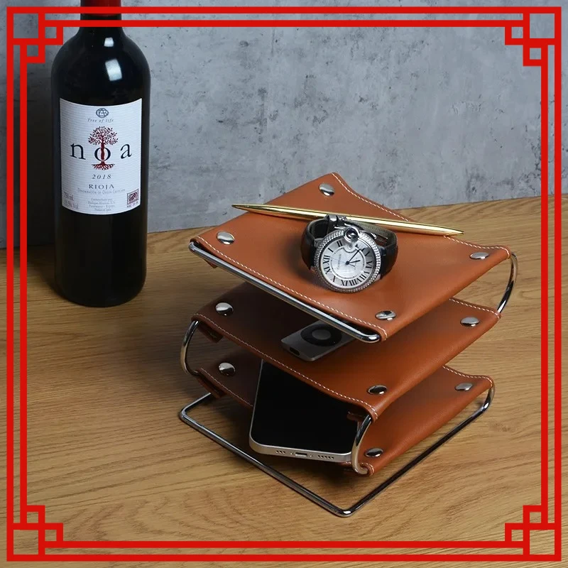 Multifunctional Leather Tray Sundries Cosmetics Jewelry Storage Iron Desktop Storage Box Finishing Living Room Home Decoration