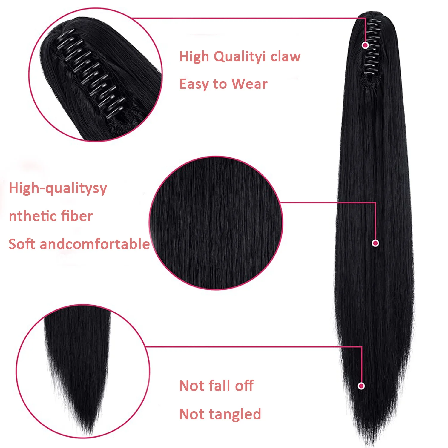 クローポニーテールエクステ ブラック 16インチ ストレート クリップ式ポニーテールヘアエクステンション 女性用合成ヘアピース