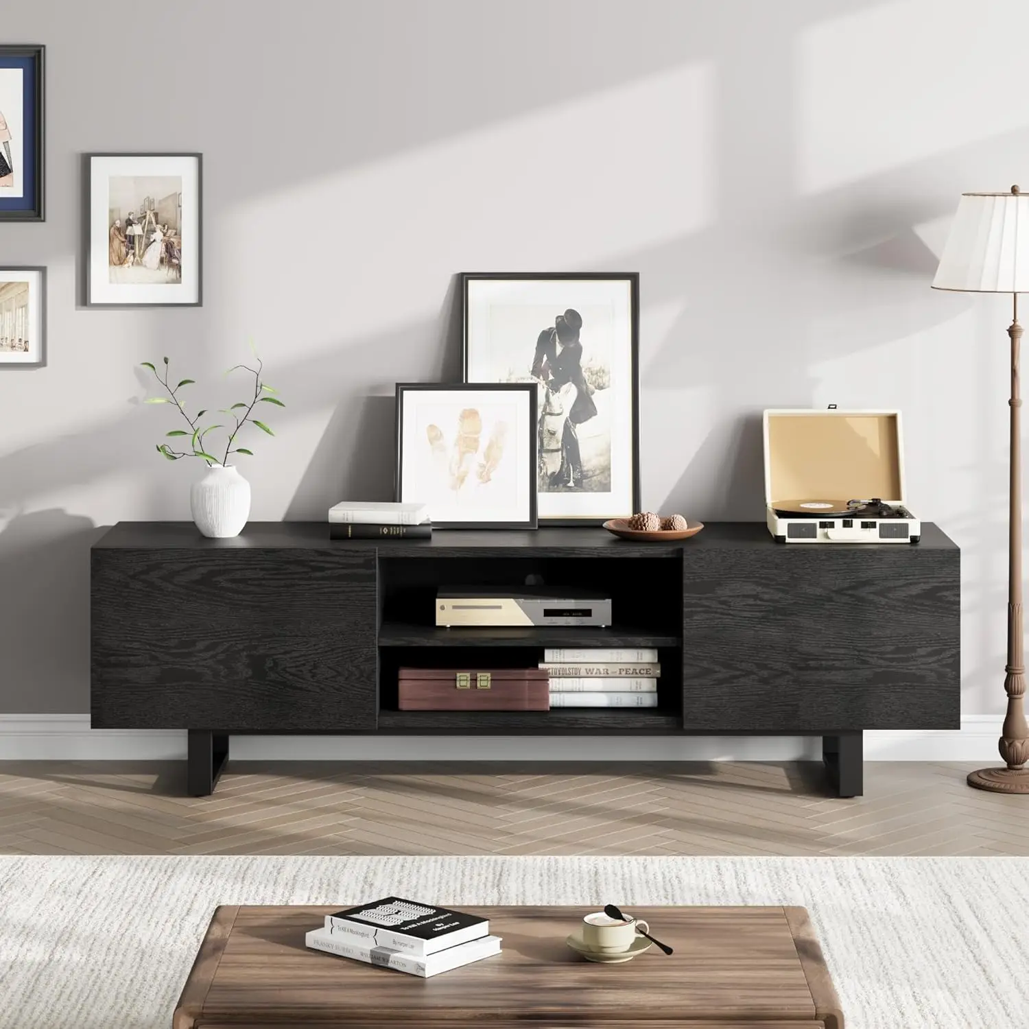 Modern TV Stand for 65 75 80 Inch TV Black 70 Entertainment Center with 2 Drawers Open Shelves Heavy Duty Wooden Media Console